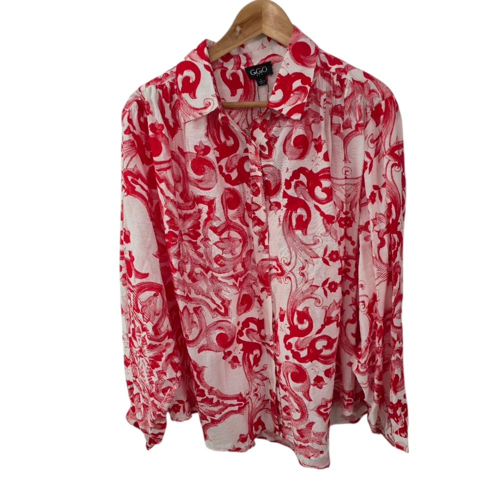 NWT GiGiO USA Vibrant Print Red Oversized Button Front Shirt Size Large - Picture 3 of 16